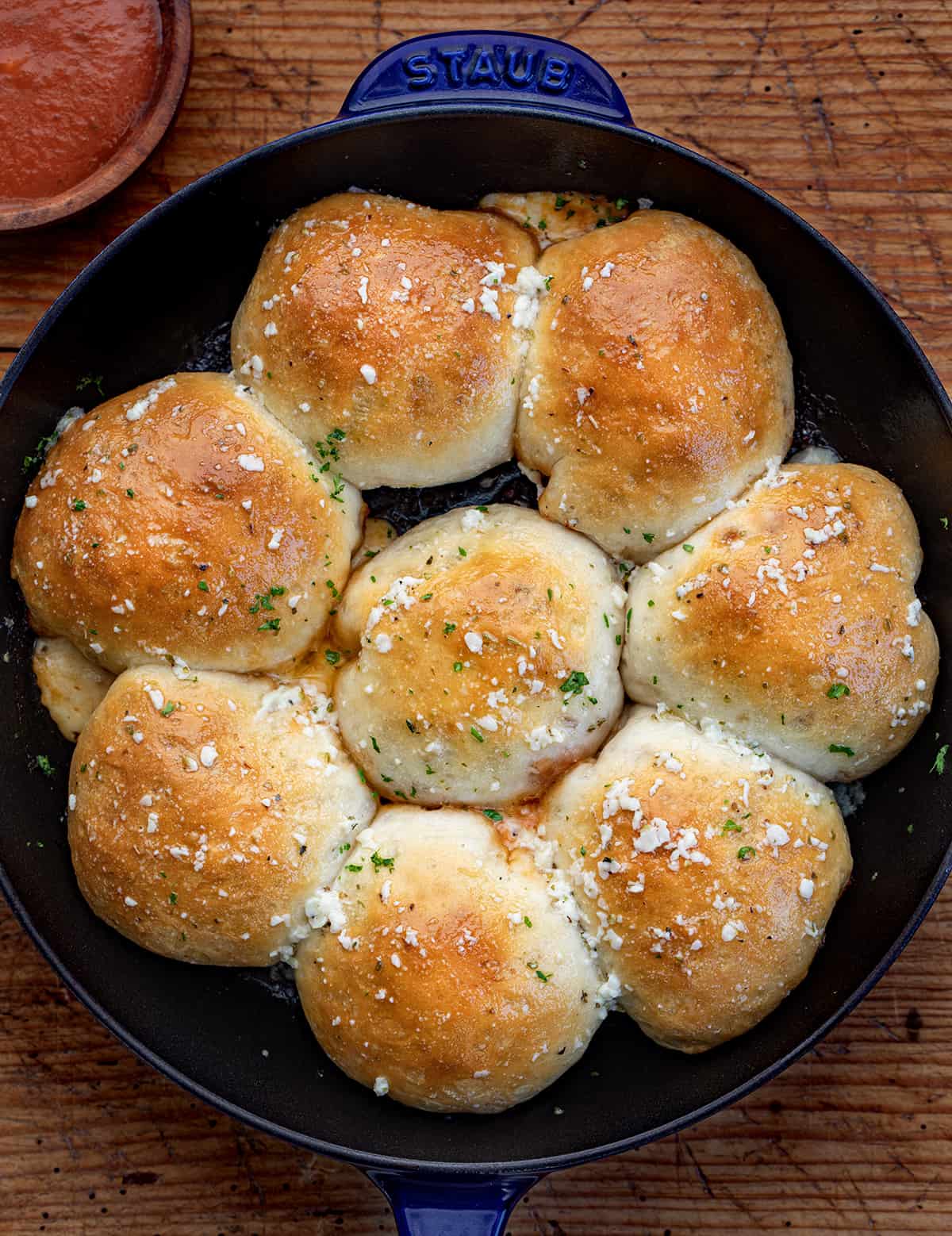 Skillet Pizza Bombs from Overhead.