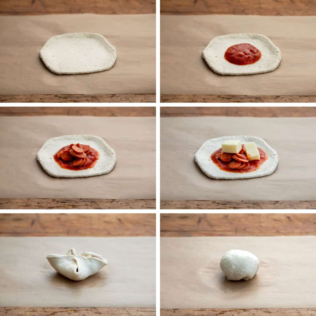 Steps for Making Pizza Bombs with Biscuit Dough, Pizza Sauce, Pepperoni, and Cheese.