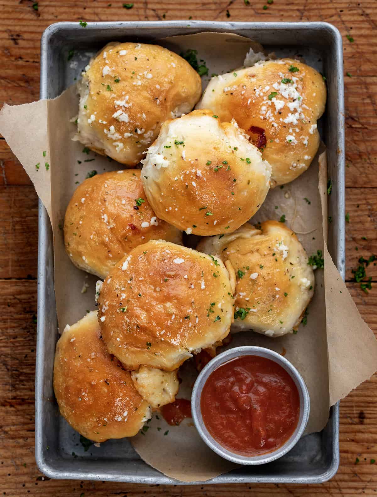 Pan of Pizza Bombs Served with Marinara. 