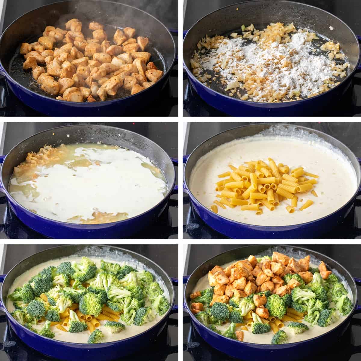 Steps for Making Chicken and Broccoli Pasta in a Skillet.