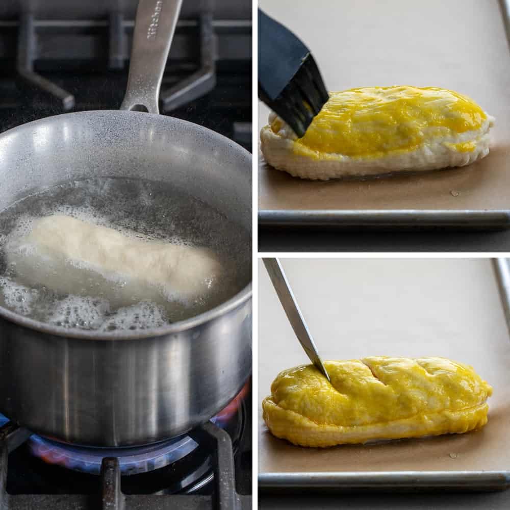 Boiling a stuffed Breakfast Log in Baking Soda Water to be a Pretzel.