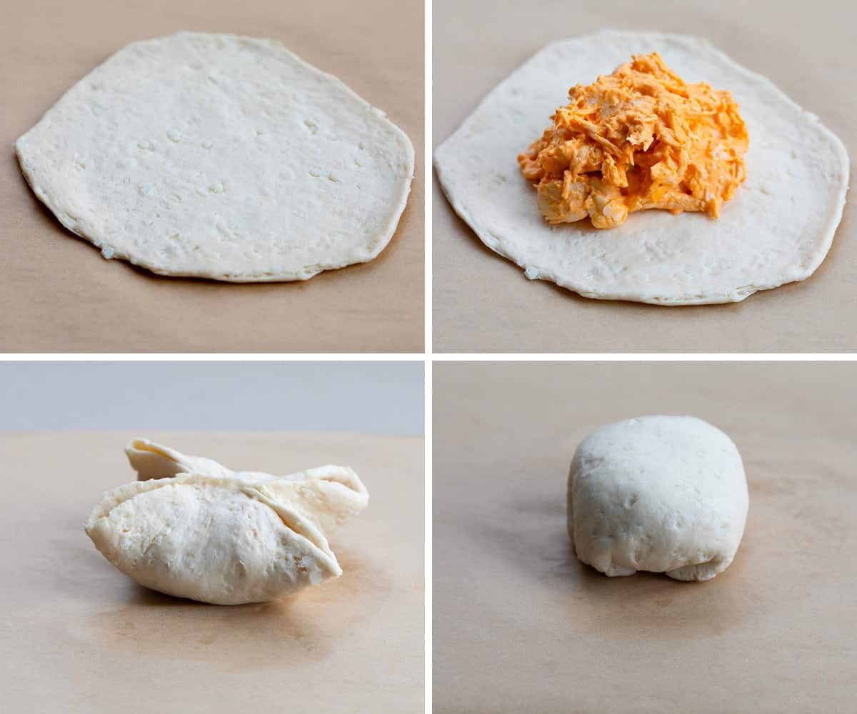 Steps for adding Buffalo Chicken to a Biscuit and Folding It Into a Ball.