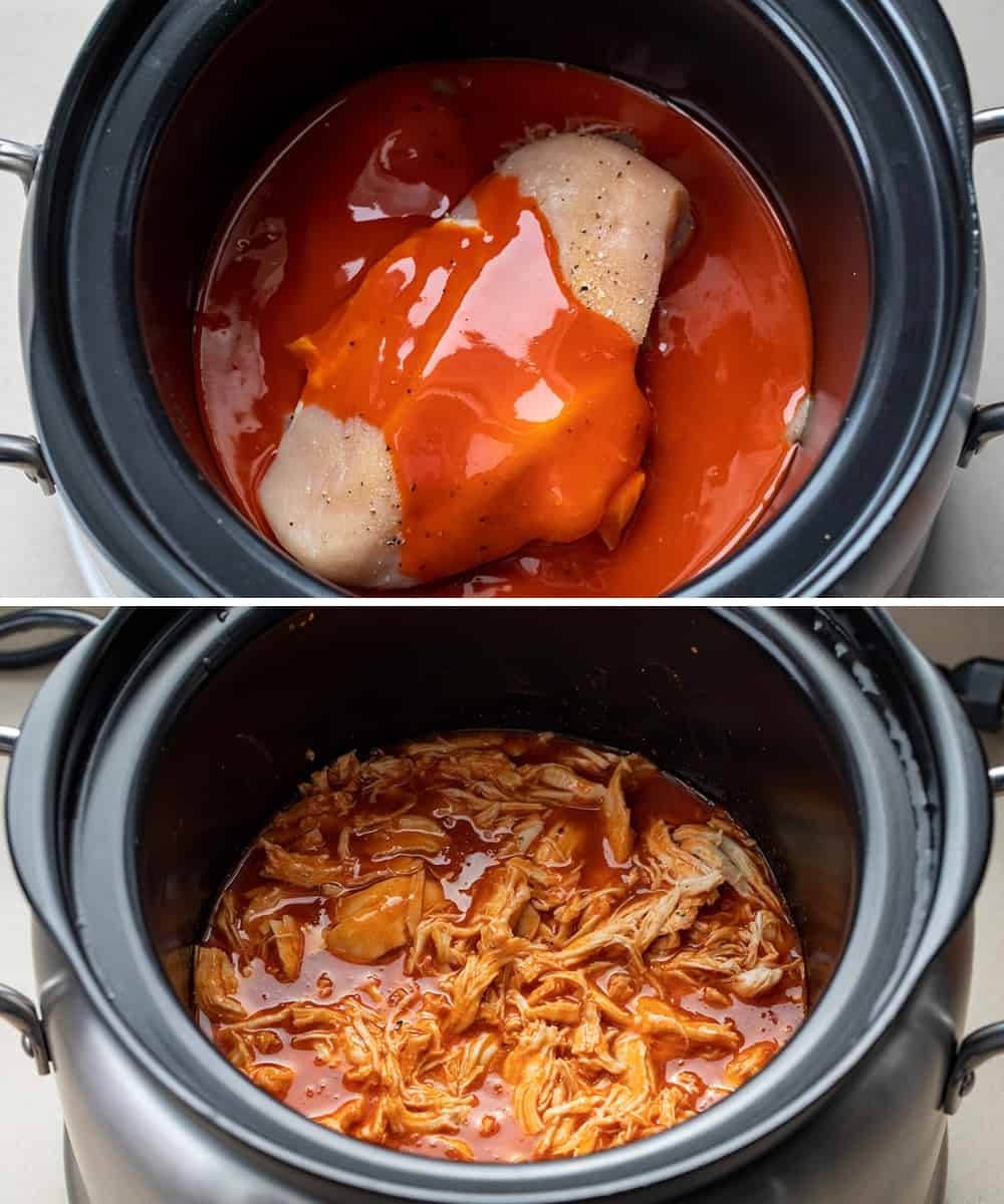 Chicken in a crockpot with buffalo sauce one image before it is cooked and the other image is after it is cooked and shredded.
