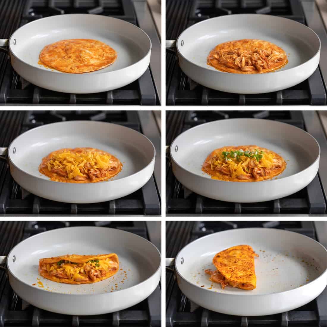 Steps for assembling a Buffalo Chicken Tacos in a pan starting with the soaked tortilla, chicken, cheese, green onion, then folding.