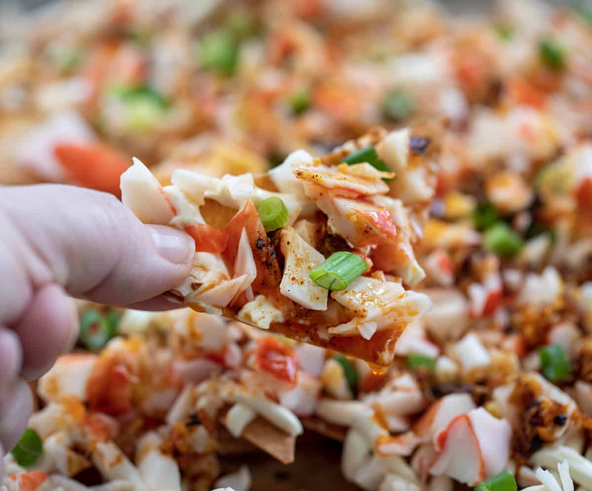 Hand Holding a Wonton Chip of Crab Rangoon Nachos.