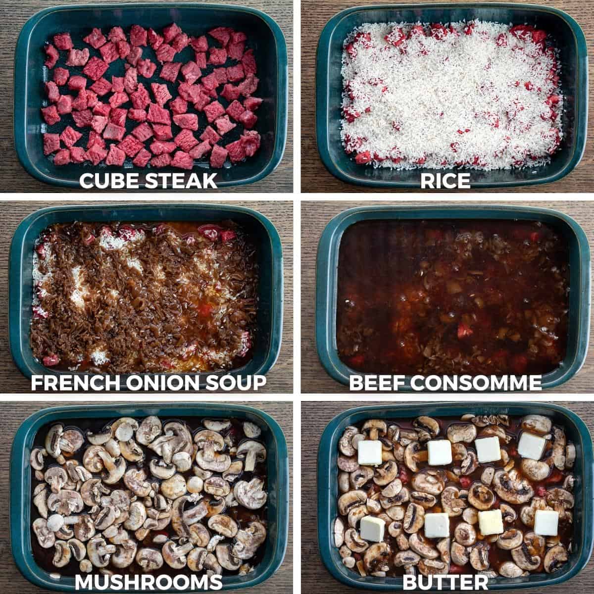 Steps for Making Cube Steak Mushroom Casserole with Cube Steak, Rice, Soup Consomme, mushrooms, and Butter.