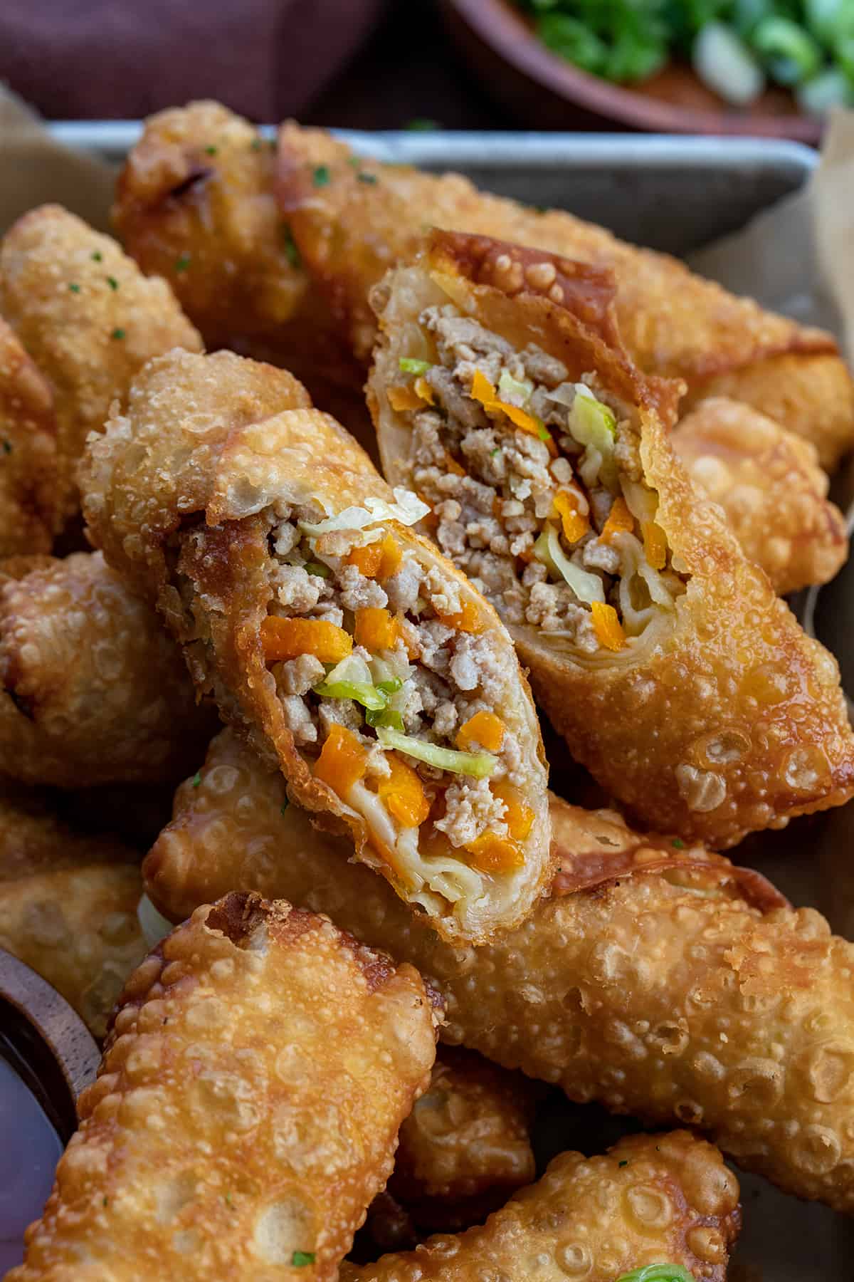 Cut Homemade Egg Rolls Stacked on each Other.