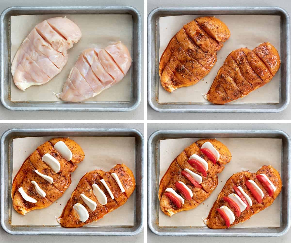 Steps for Making Caprese Hasselback Chicken By Making Slits in the Chicken, adding Seasoning Glaze, Mozzarella, and Tomatoes.