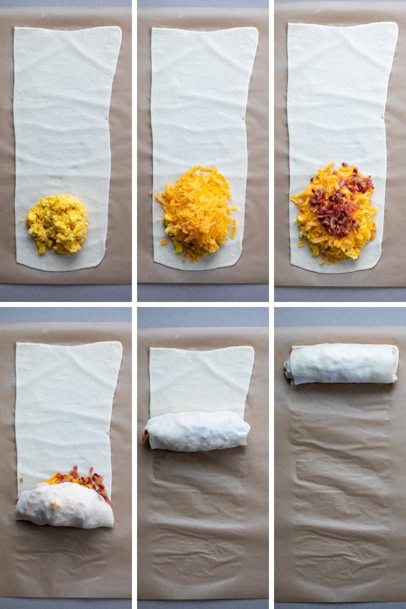 Steps for Rolling up a Stuffed Breakfast Pretzel Rolls.