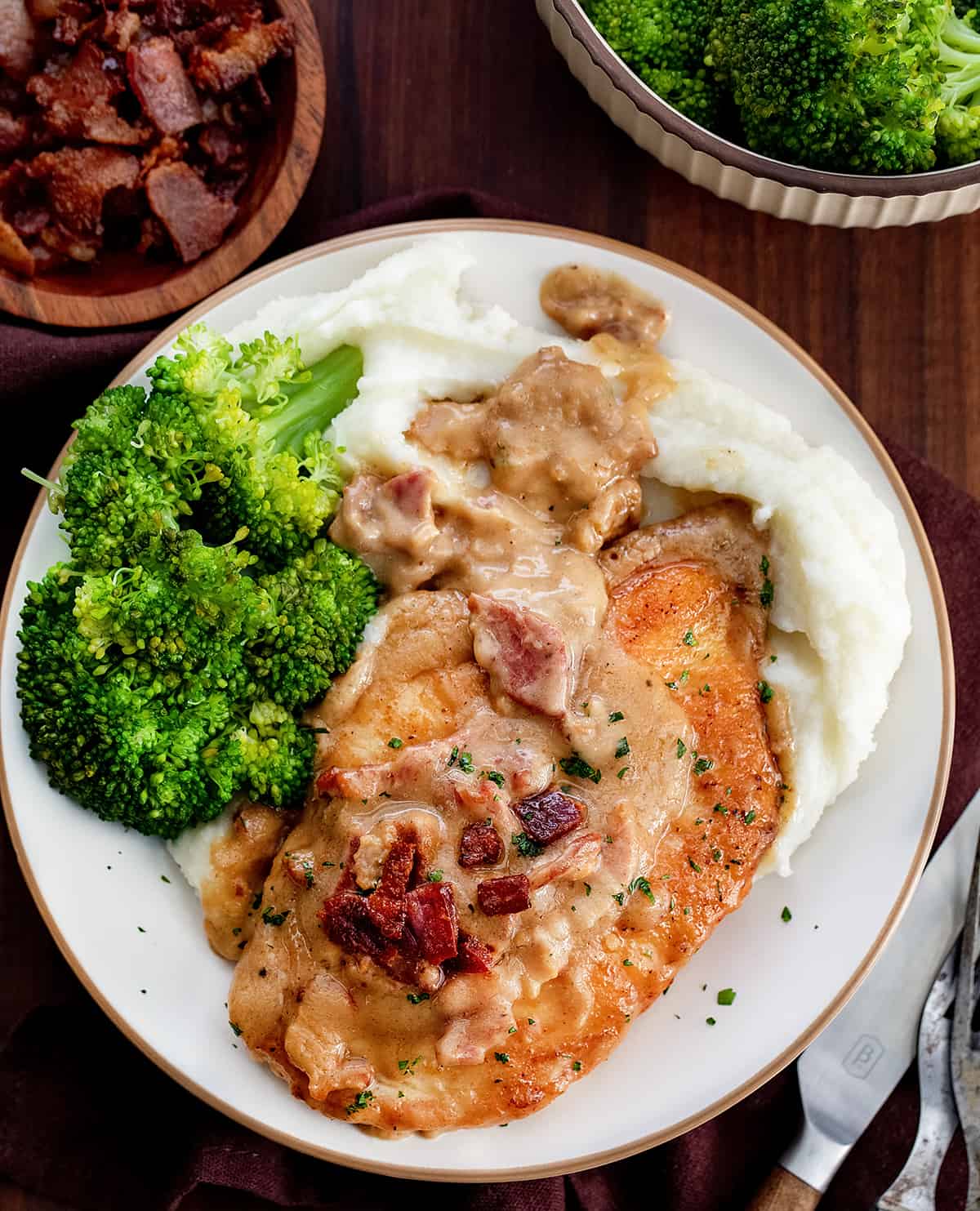 Plate of Smothered Chicken with Mashed Potatoes and Broccoli.