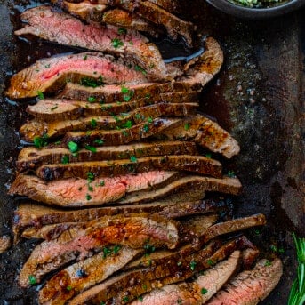 Cut Up London Broil on a Sheet Pan with Butter and Rosemary.