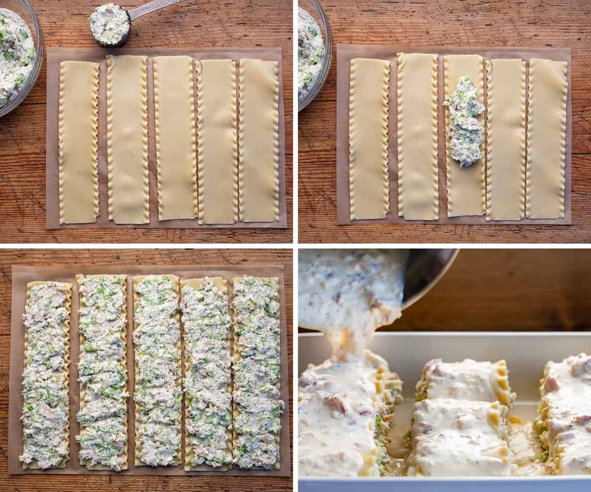 Steps for Adding Filling to Cooked Lasagna Noodles to Make Chicken and Broccoli Alfredo Roll-Ups.