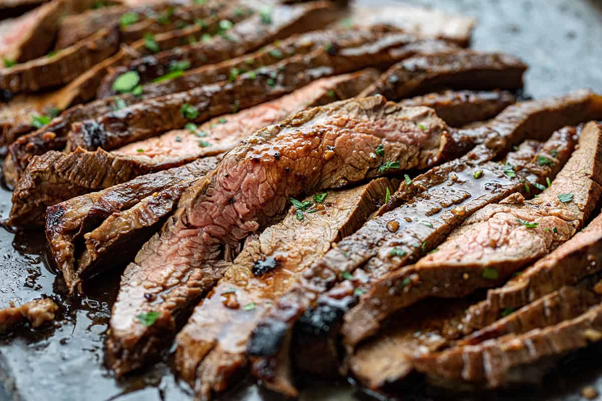 Cut up London Broil on a Sheet Pan Showing Slices.