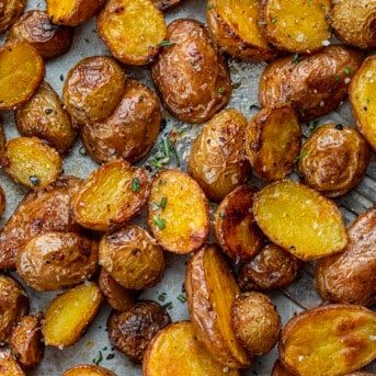 Close up of Roasted Potatoes on a Sheet Pan.