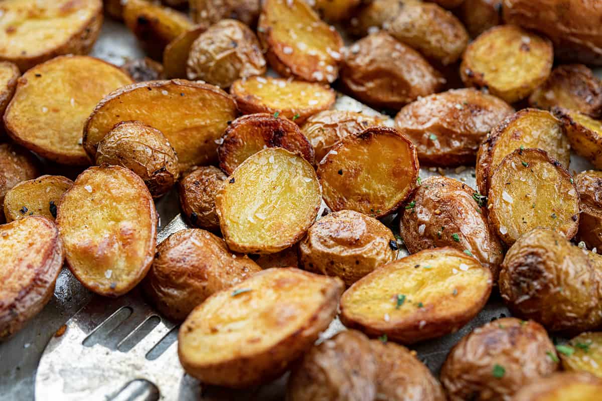 Close up of Roasted Potatoes on a Sheet Pan.