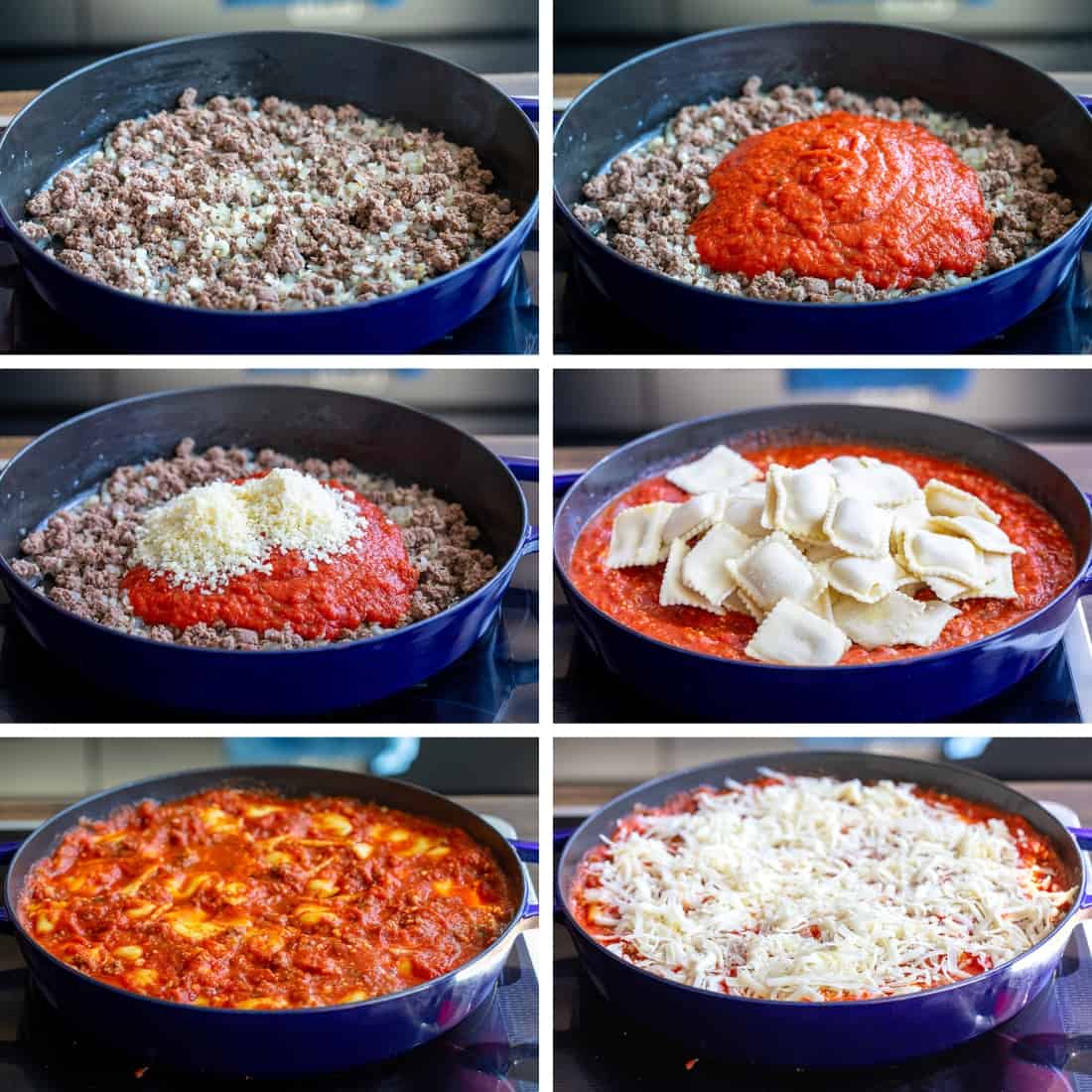 Steps for adding meat, sauce, cheese, ravioli, and more cheese to a skillet to make Skillet Ravioli.