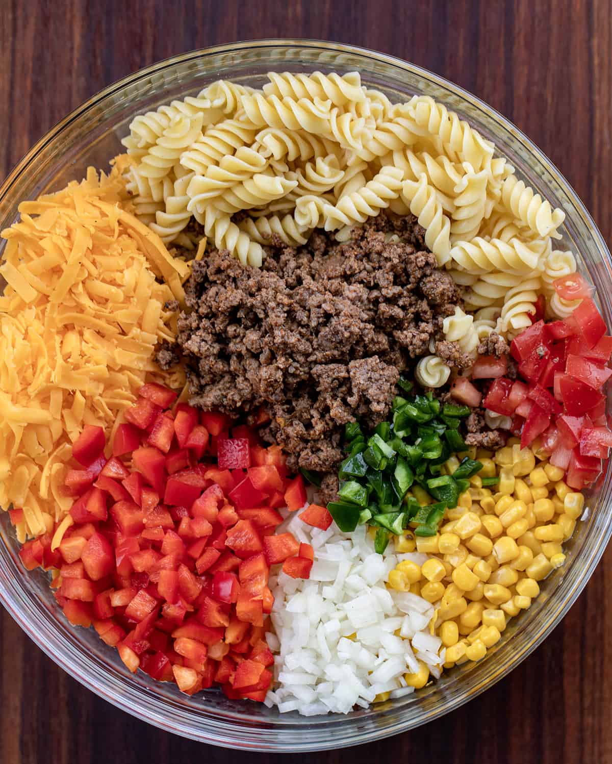 Ingredients for Taco Pasta Salad Before Mixing.