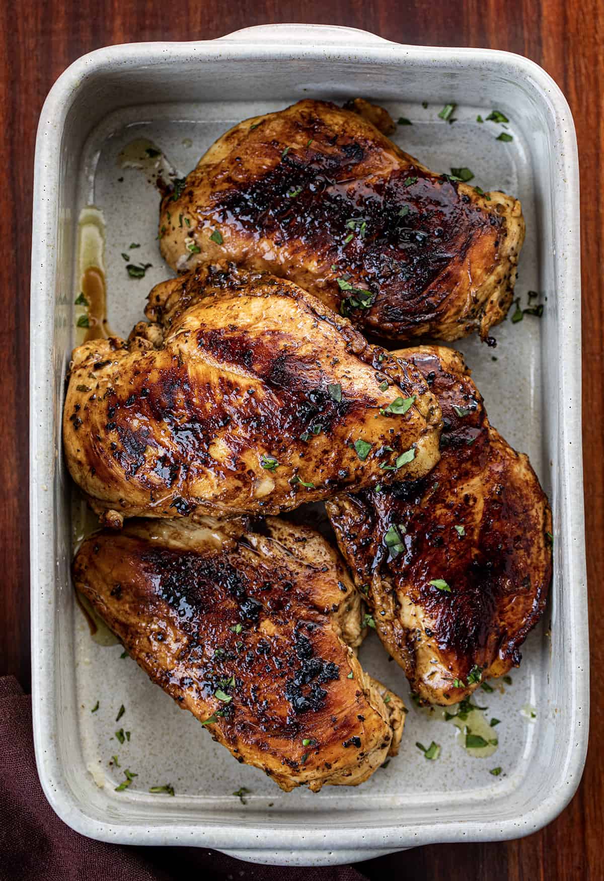 Balsamic Chicken In a Dish After Cooking and Before Assembling Dish.