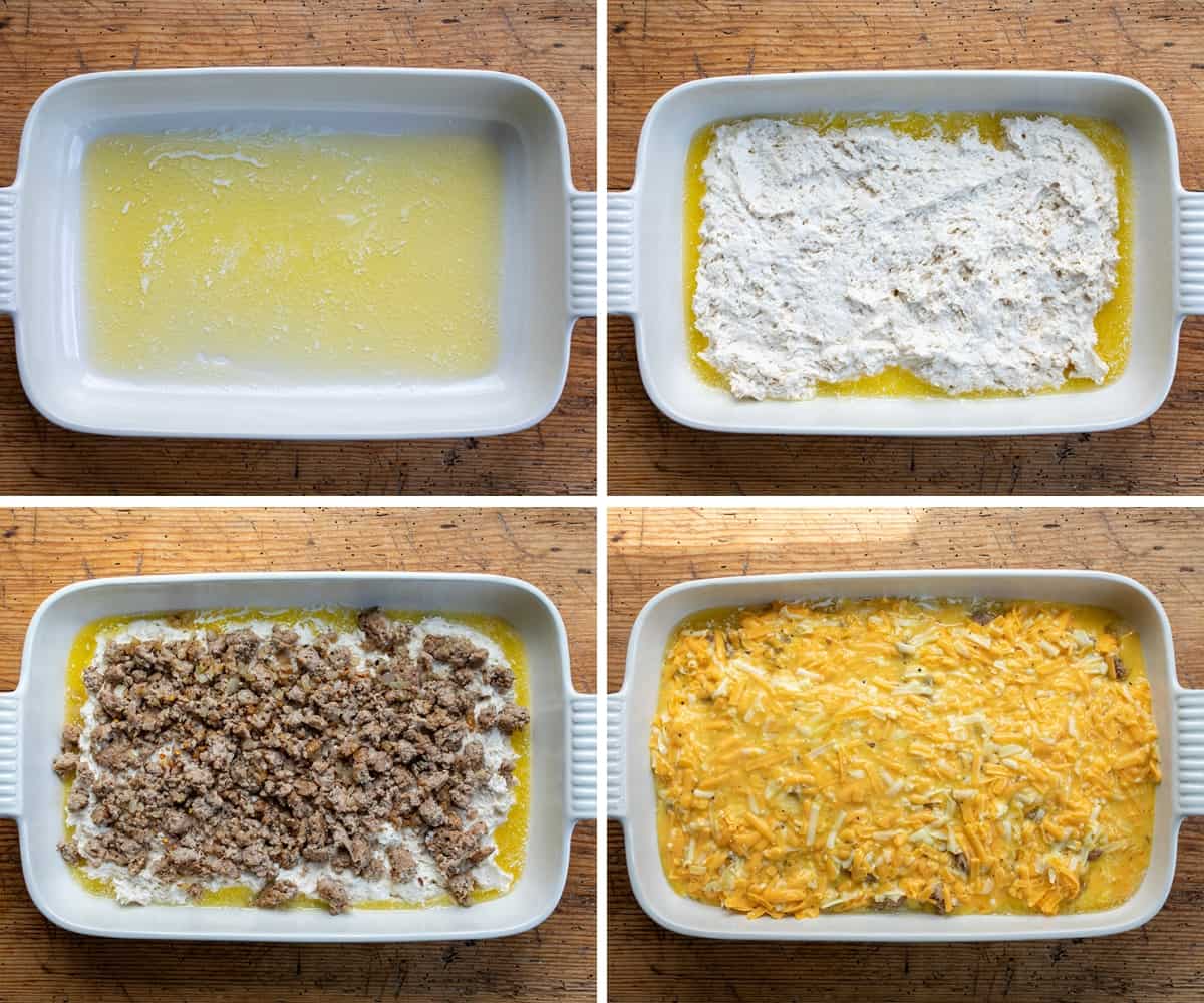 Steps for Making Butter Biscuit Breakfast Bake with Butter Swim Biscuit Dough, Breakfast Sausage, Eggs, and Cheese.