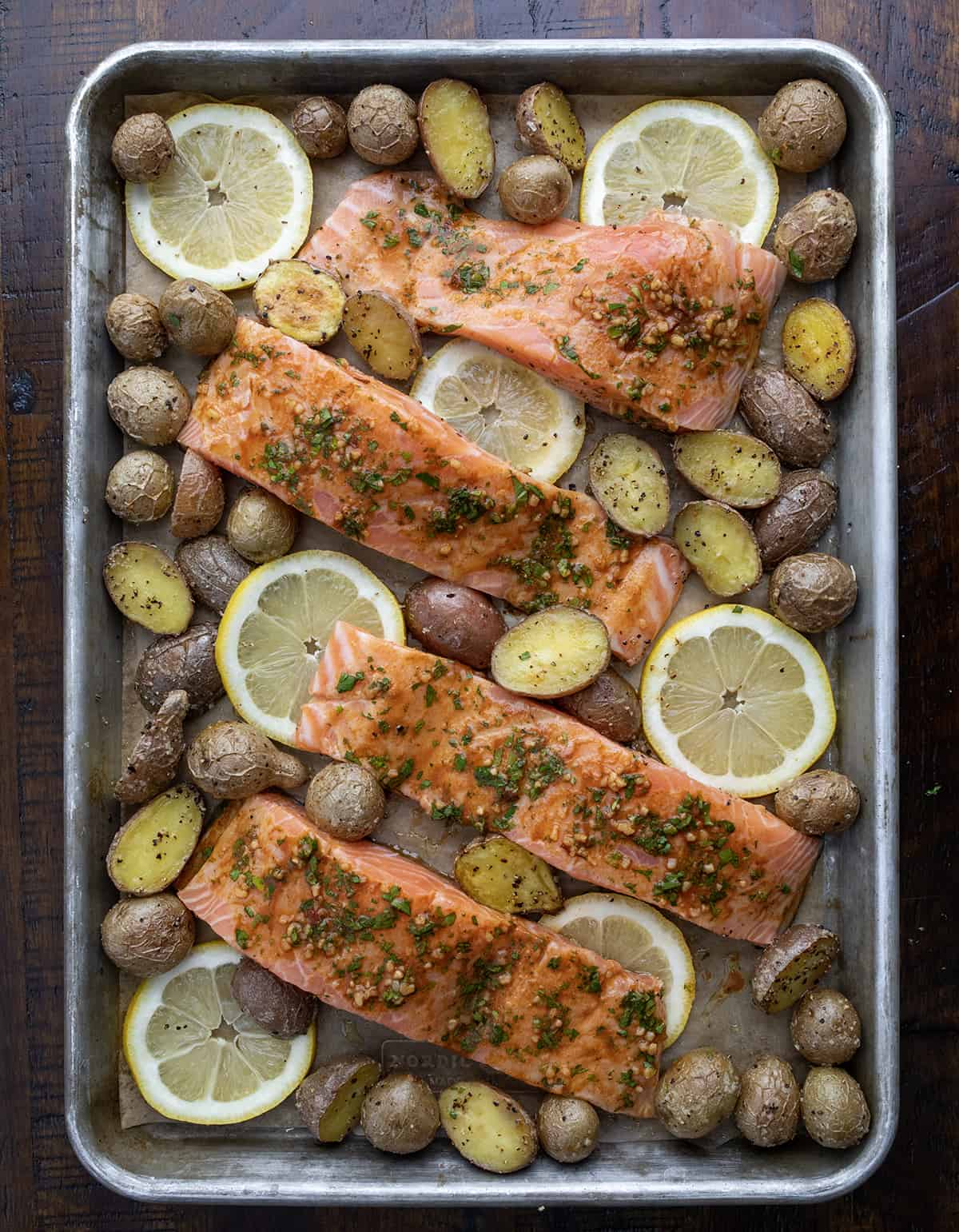 Raw Sheet Pan Lemon Salmon Before Cooking.