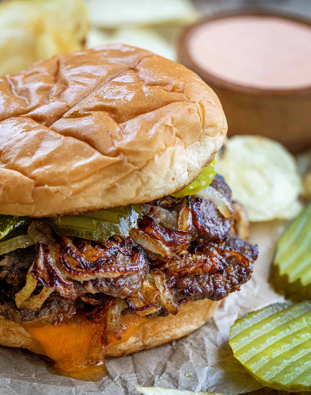 CLose up of the Layers of Meat and Onions for the Oklahoma Fried Onion Burger.