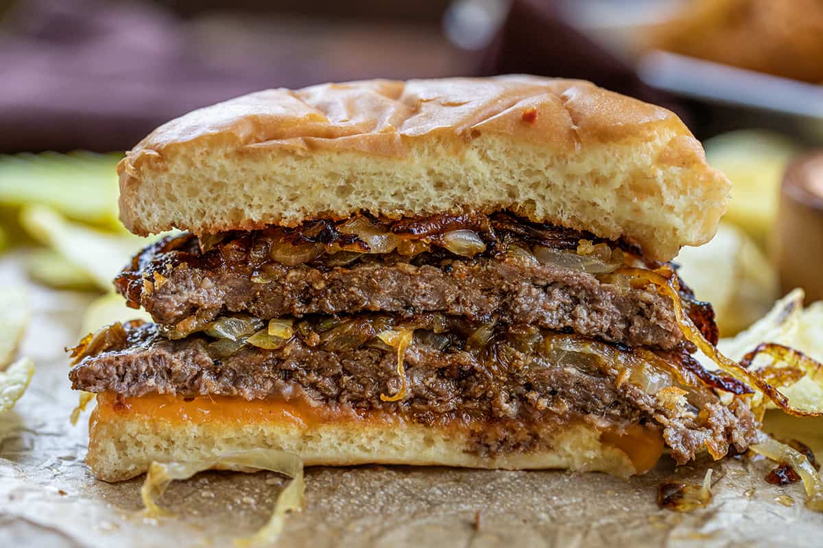 Cut in Half Oklahoma Fried Onion Burger.