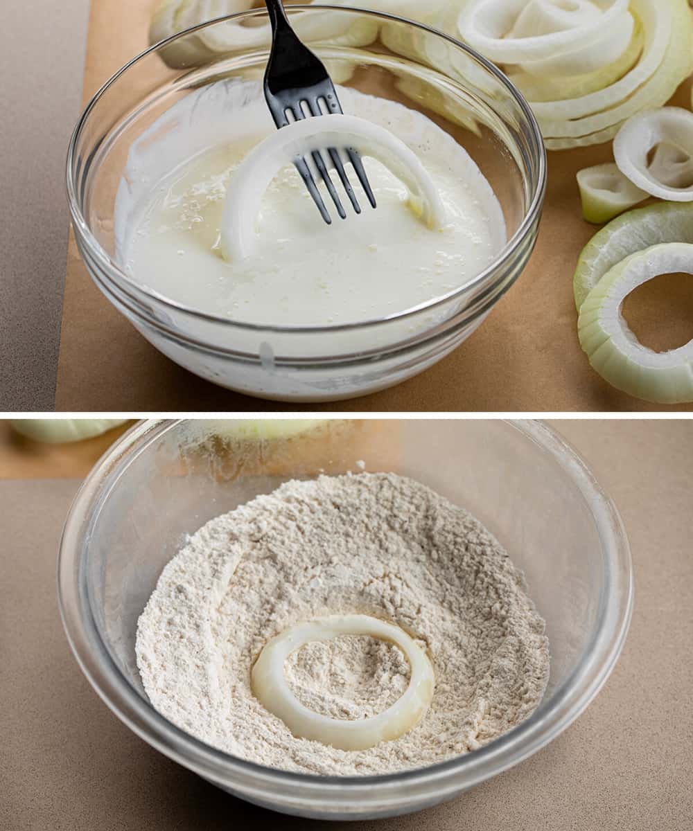 Steps for Adding Onion to Buttermilk and then Seasoned Flour for Onion Rings.