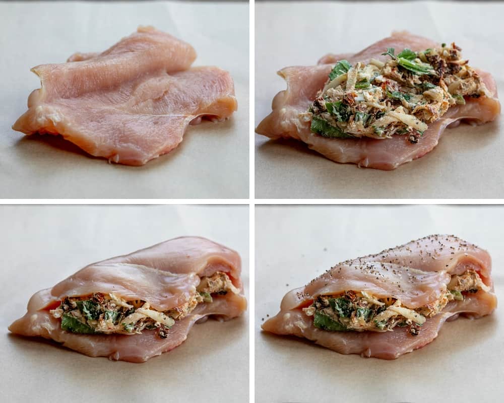 Steps for Adding Filling to Stuffed Sun-Dried Tomato Chicken.