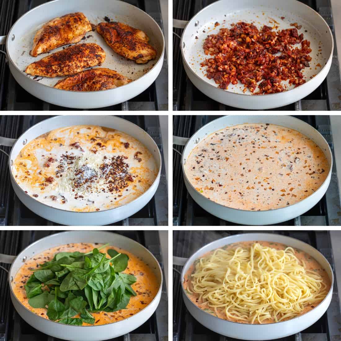 Six Steps Showing Different Ingredients Being Added to a Skillet to Make Spicy Tuscan Chicken Pasta.