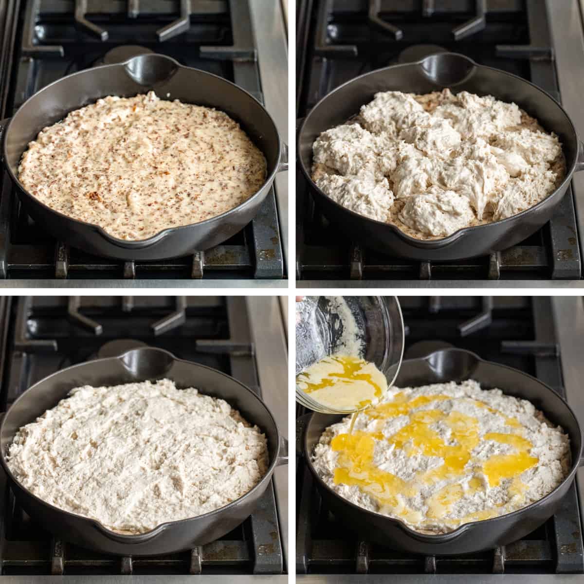 Steps with Gravy in a Skillet, then Adding Butter Swim Biscuit Batter, then Melted Butter to Make Butter Swim Biscuits and Gravy Bake.