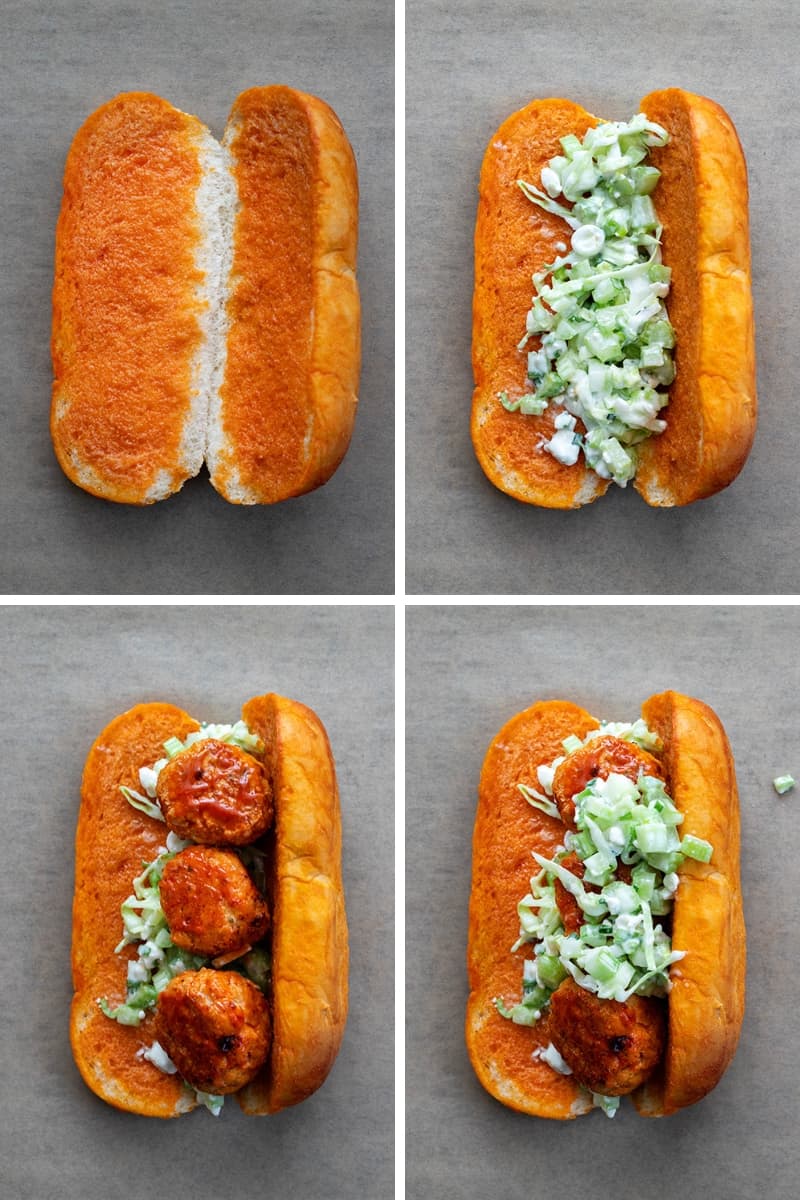 Steps for Adding Celery Slaw and Buffalo Chicken Meatballs to Sauce Soaked Buns to Make Buffalo Chicken Meatball Sandwich.