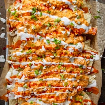 Sheet Pan of Buffalo Chicken Nachos.