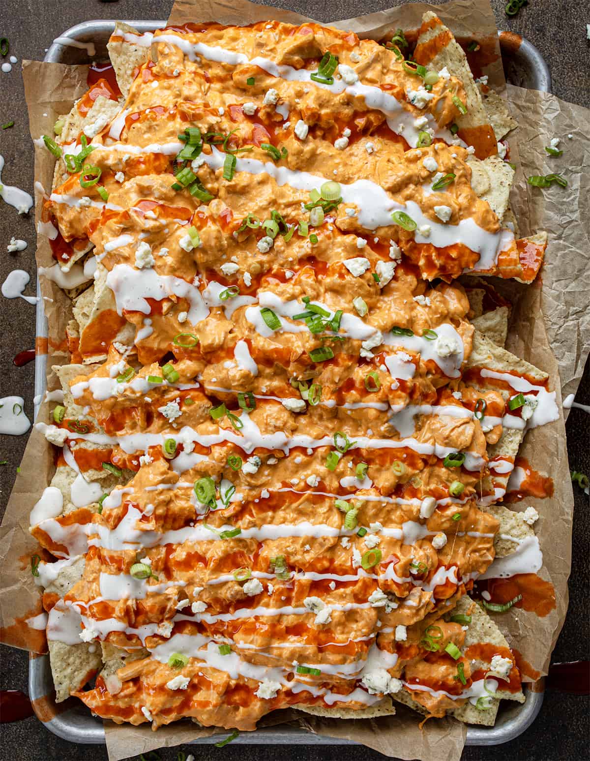 Sheet Pan of Buffalo Chicken Nachos.