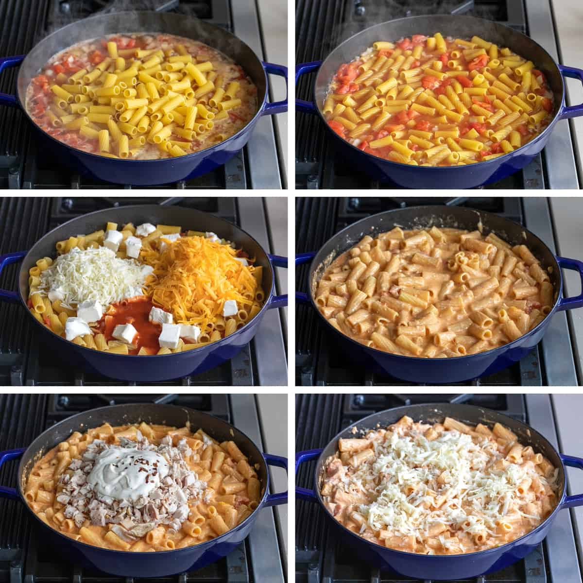 Steps for Adding Ingredients to a Skillet to Make Buffalo Chicken Pasta.