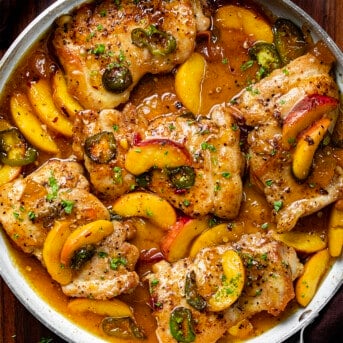 Jalapeno Peach Chicken from Overhead Still in the White Skillet.
