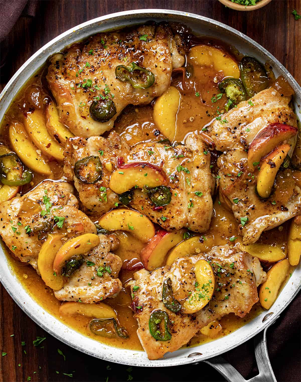 Jalapeno Peach Chicken from Overhead Still in the White Skillet. 