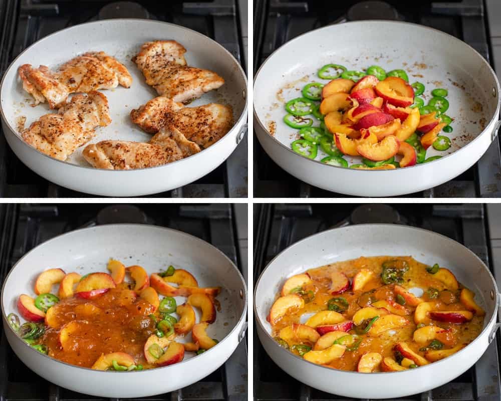 Steps for adding chicken to pan, then sliced jalapeno, then fresh cut peaches, and then peach sauce to make Jalapeno Peach Chicken.