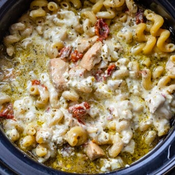 Pesto Slow Cooker Chicken Pasta in the Slow Cooker Close up.