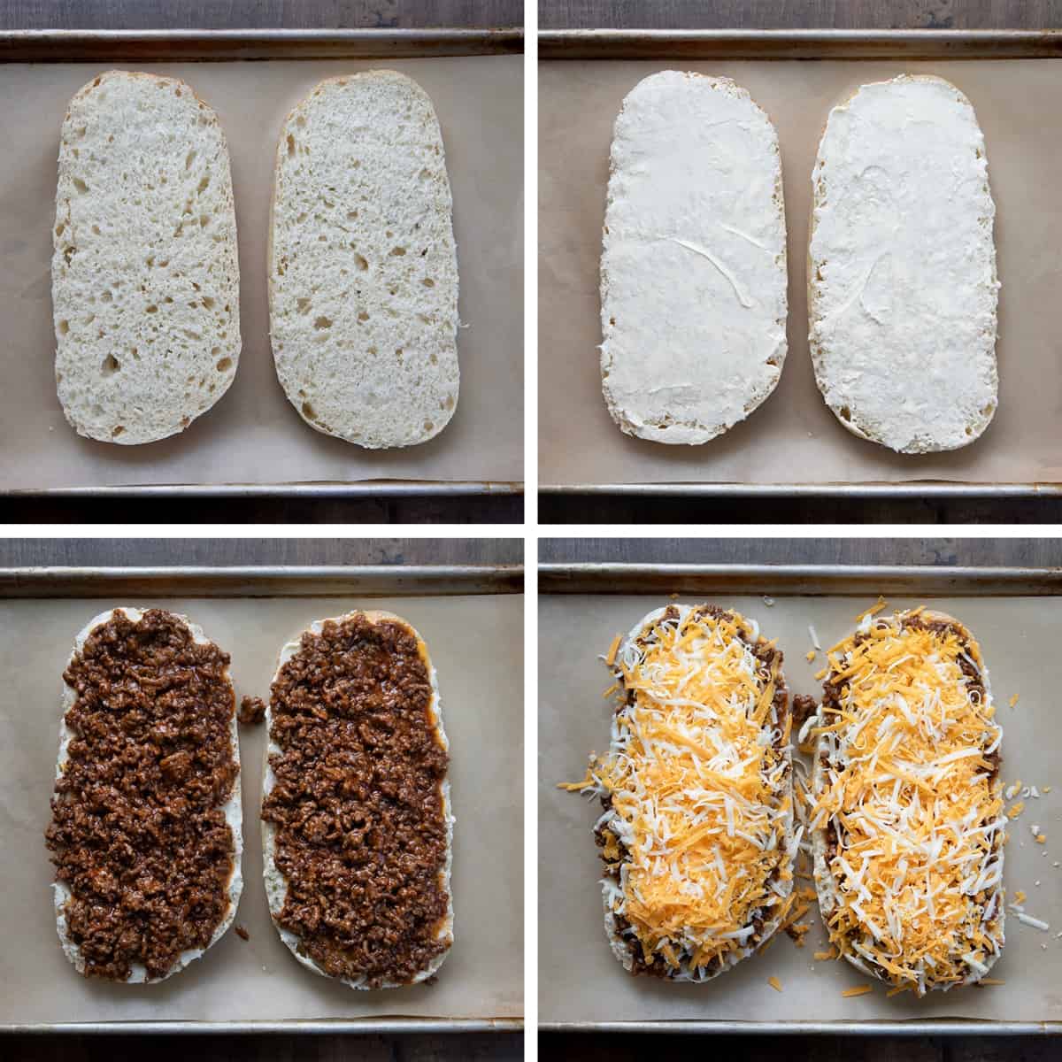 Steps for Making Garlic Bread then Adding Sloppy Joe Mix and Cheese.