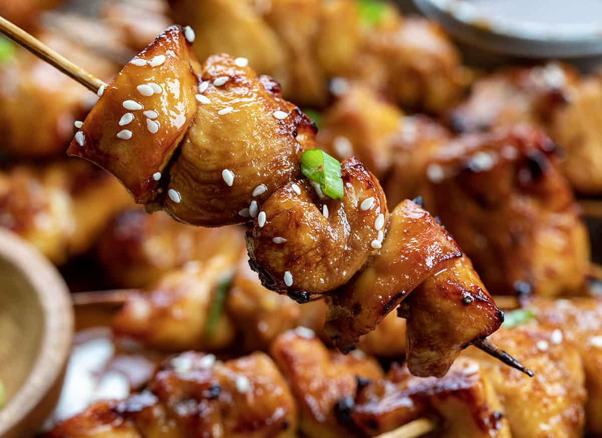 Close up of Teriyaki Chicken Skewers Sprinkled with Sesame Seeds and Chopped Green Onion.