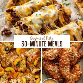 3 images of meals that are made in 30 minutes or less with garlic bread sloppy joes, jalapeno peach chicken, and bang bang chicken.