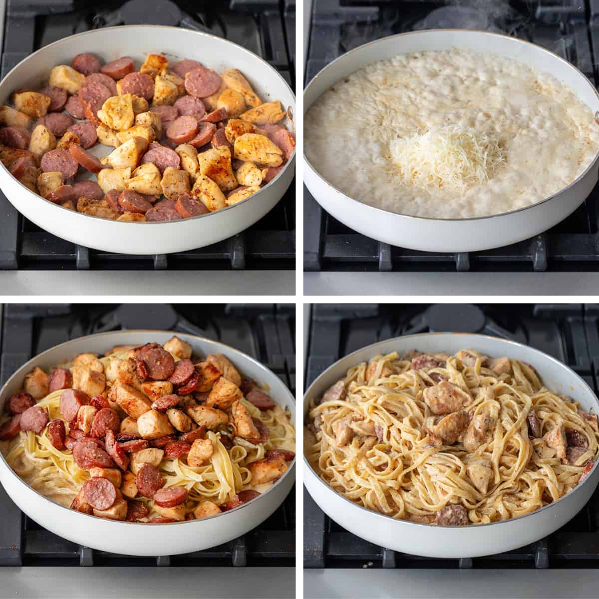 Steps for Making Cajun Chicken and Sausage Alfredo in a White Skillet on a Gas Stove.