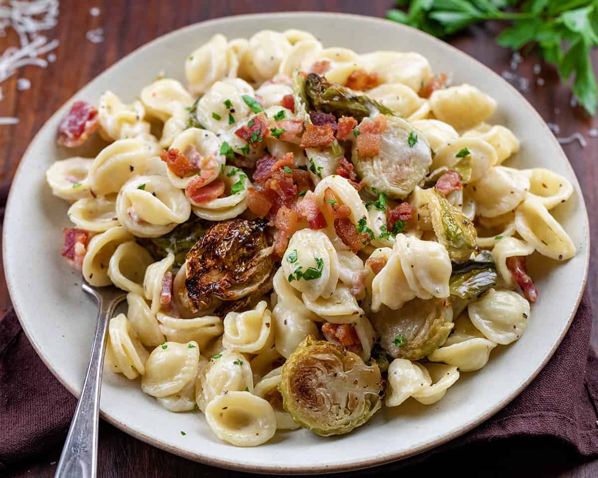 Plate of Roasted Brussels Sprouts Bacon Pasta with a fork.