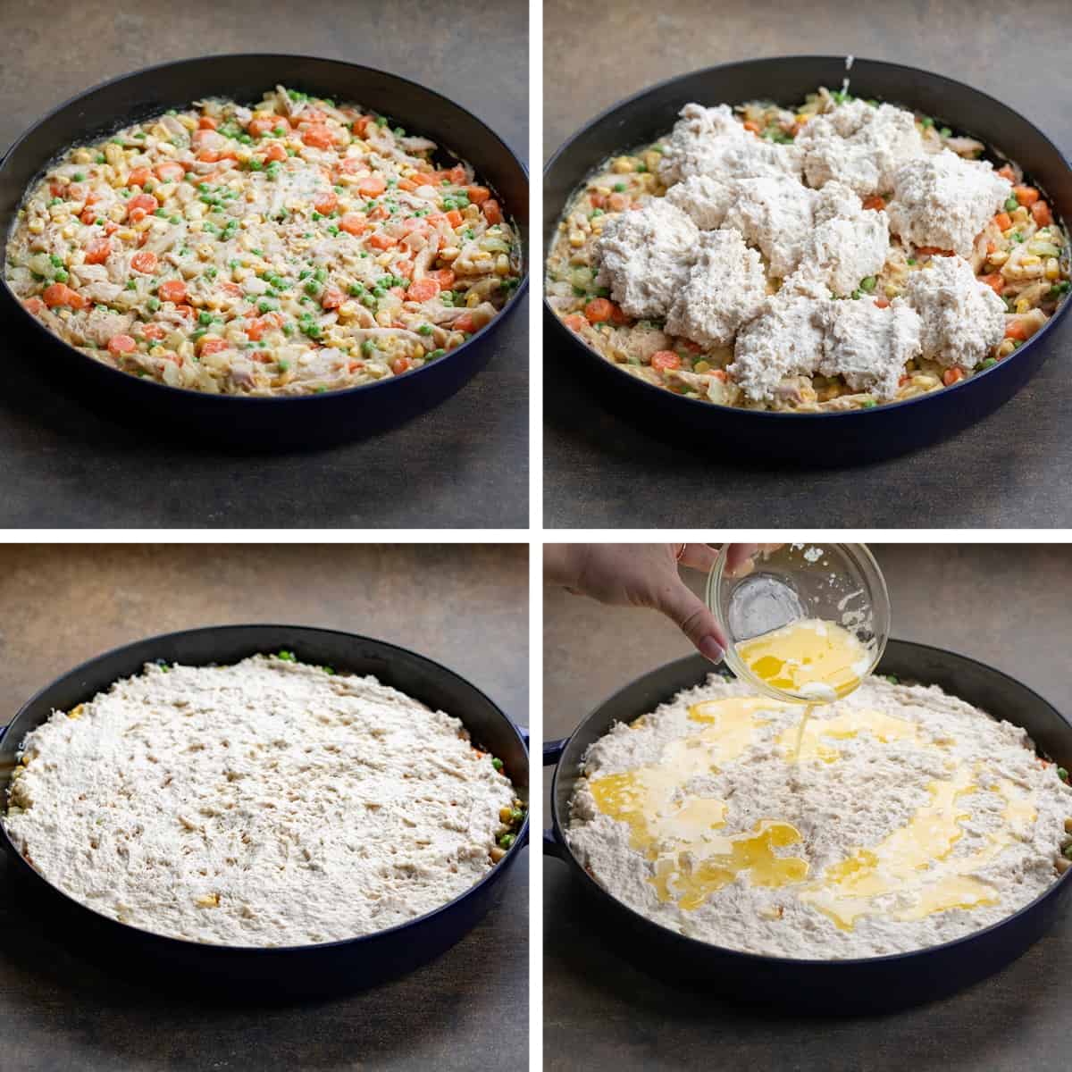 Steps for Making Butter Swim Biscuit Chicken Pot Pie in a Skillet with Filling, Butter Swim Biscuit Batter, and Melted Butter on Top.