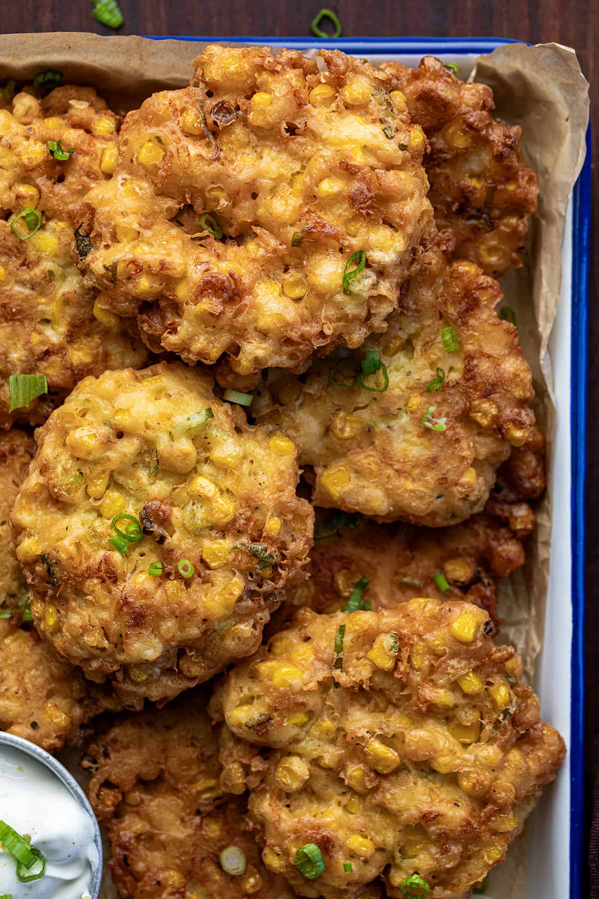 Close up of Corn Fritters from Overhead Showing Detail.