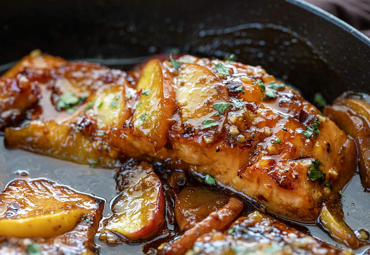 Close up of Bourbon Peach Roasted Salmon in a Pan.