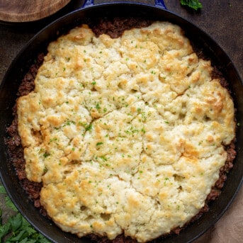 Skillet Filled with Butter Swim Biscuit Sloppy Joe Bake From Overhead.