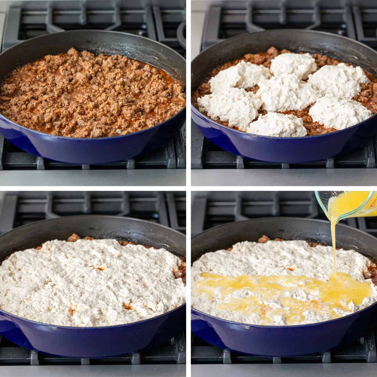 Steps for Making Butter Swim Biscuit Sloppy Joe Bake in a Skillet on a Stove Top.