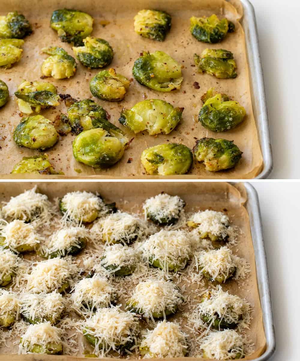 Smashed Brussels Sprouts and then them Covered in Cheese on a Sheet Pan.
