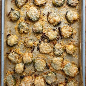 Smashed Brussels Sprouts on a Sheep Pan with Parmesan After Baking.